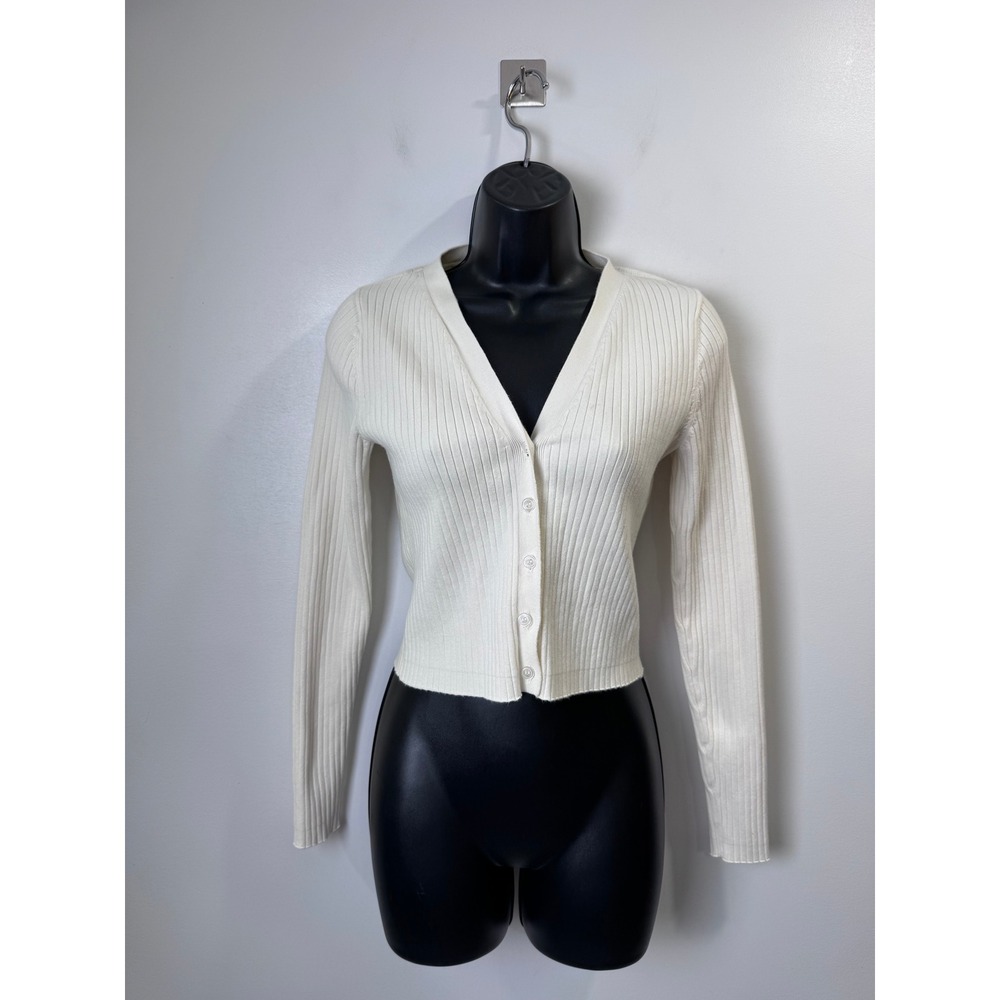 Reformation Women White Cardigan Ribbed V-Neck Organic Cotton Small
